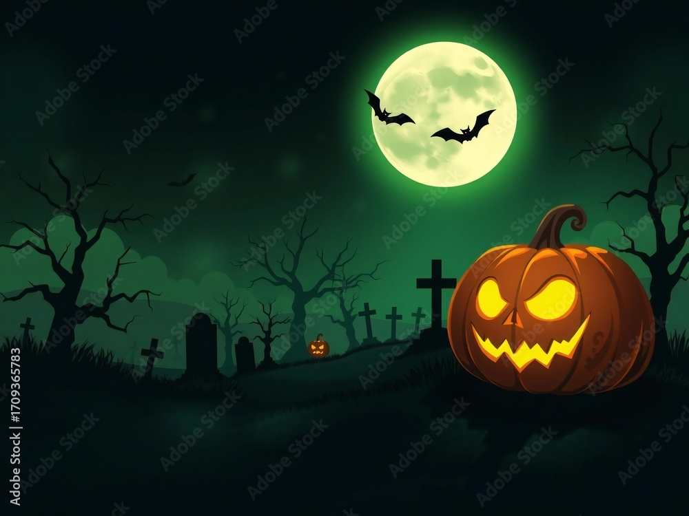 Fototapeta premium Spooky halloween jack o lantern in a graveyard under a full moon