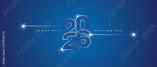 Happy New Year 2026 eve loading line design art numbers logo with sparkle fireworks white blue vector wallpaper greeting card