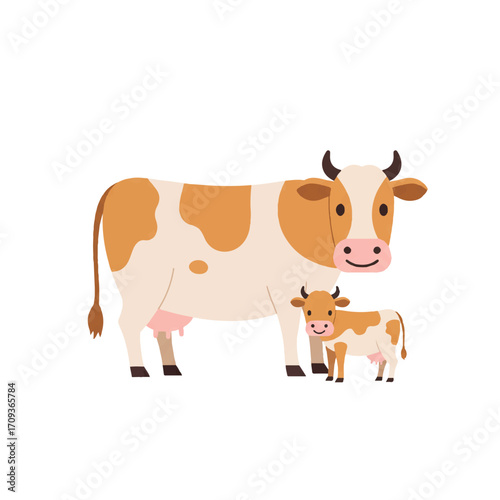 Charming 2D flat vector illustration portrays a gentle mother cow standing protectively next to her young calf, depicting rural farm life on a clean white background.