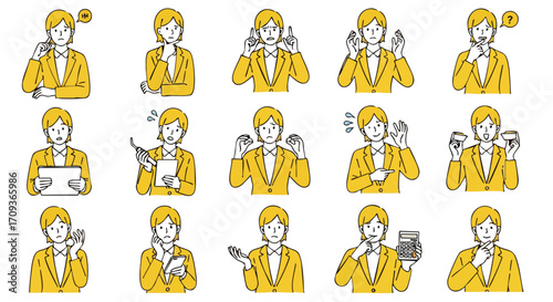 Businesswoman expressing various emotions, presenting diverse reactions and working scenarios in professional attire