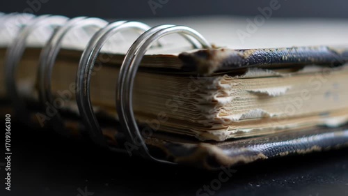 Timeworn notebook aged pages and silver rings