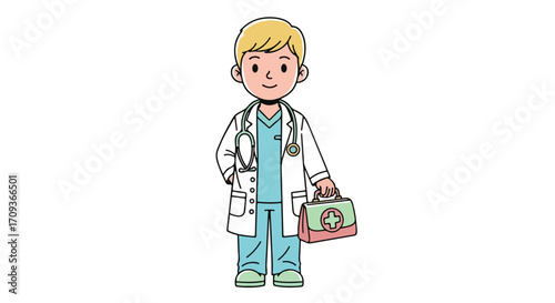 Cartoon Doctor Holding Medical Bag and Stethoscope.
