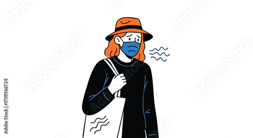 Worried person wearing face mask exhaling wavy lines, conveying unease and concern
