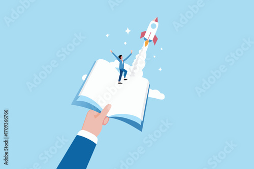 A person stands on an open book with a rocket launching into the sky above