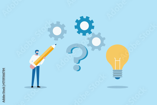 Man with pencil and question mark interacting with gears and light bulb representing idea generation