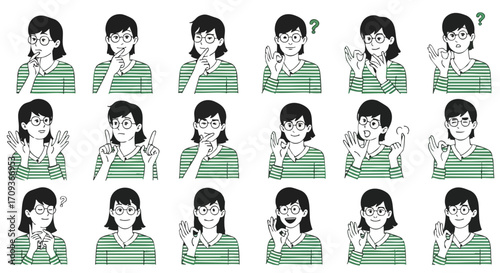 A collection of expressive illustrations depicting a young woman with glasses displaying various hand gestures and facial expressions.