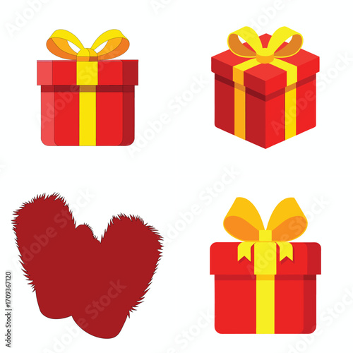 Four festive red gift boxes with yellow ribbons and a red heart shape on a white background