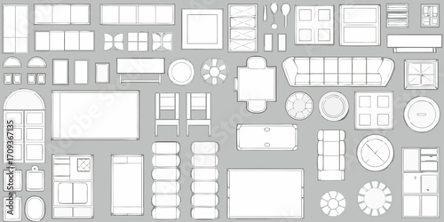 Top down view of various furniture and architectural elements in a hand drawn sketch style