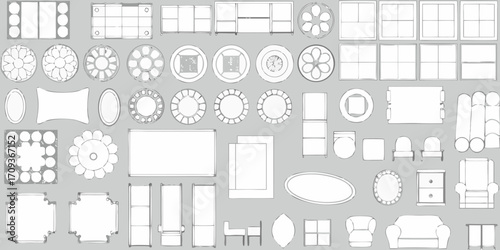 Collection of hand drawn furniture and architectural elements viewed from above in a top down perspective