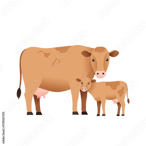A charming flat 2D vector illustration depicts a gentle adult cow and its young calf lovingly gazing at each other against a clean plain white background.