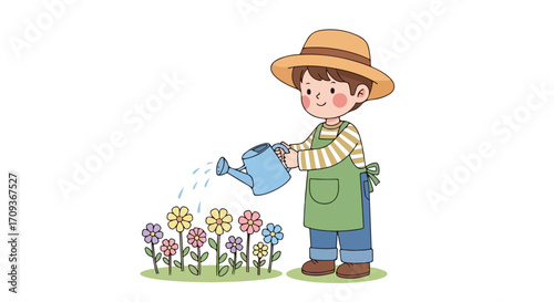 Young Gardener Watering Colorful Flowers.