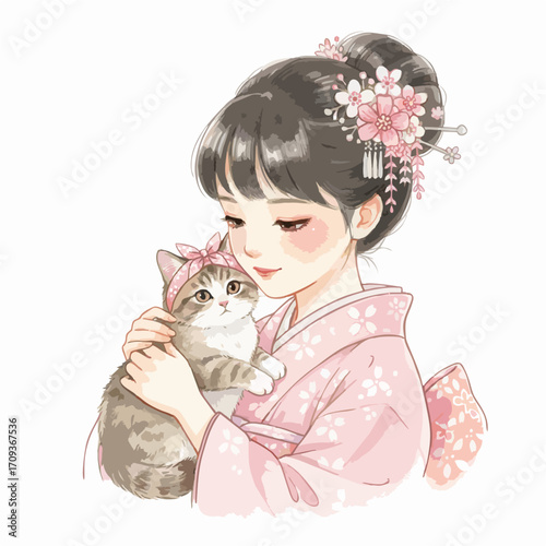 Cute Watercolor Children in Traditional Asian Clothing Illustration on White Background