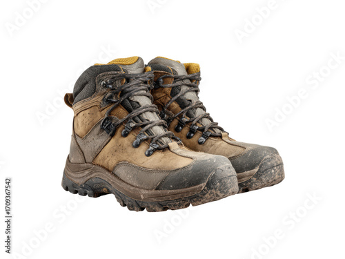 Muddy brown and grey leather hiking boots with yellow accents footwear