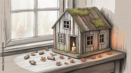 Rustic miniature house with candle light on windowsill cottagecore home decor art illustration style image