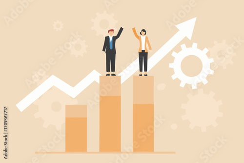 Business success illustration with people standing on bar chart and upward trending arrow with gears