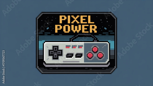 Retro gaming pixel art design featuring a vintage console controller and pixel power text for nostalgia fans