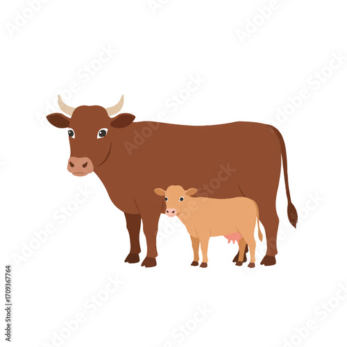 A charming 2D flat vector illustration depicts a mother cow and her young calf standing together serenely on a clean, plain white background, showcasing farm animal life.