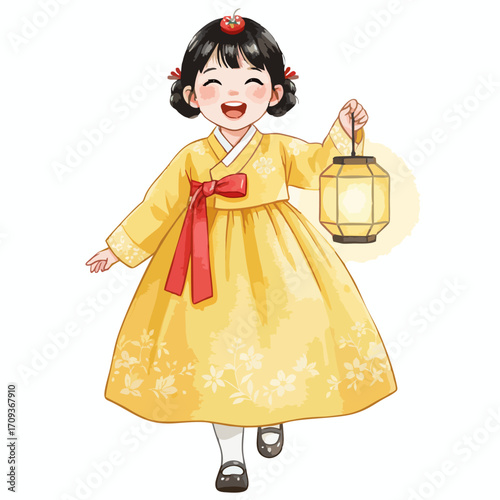 Cute Watercolor Children in Traditional Asian Clothing Illustration on White Background