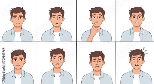 Eight illustrations of a young man displaying various facial expressions, showcasing a range of emotions.