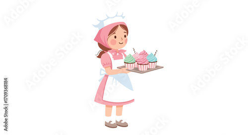 Girl Baker with Cupcakes Illustration.