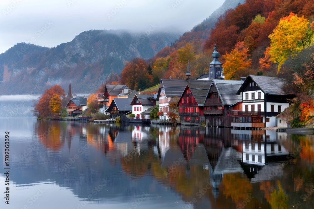 Fototapeta premium Hallstatt reflecting on the lake during a misty autumn morning