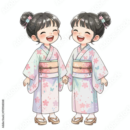 Cute Watercolor Children in Traditional Asian Clothing Illustration on White Background