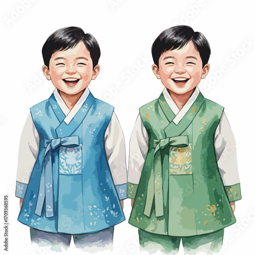 Cute Watercolor Children in Traditional Asian Clothing Illustration on White Background