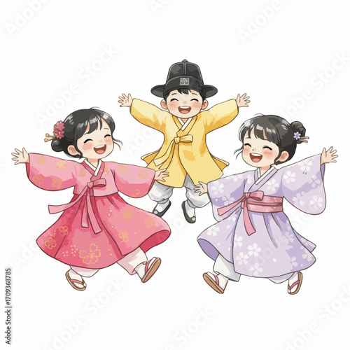 Cute Watercolor Children in Traditional Asian Clothing Illustration on White Background