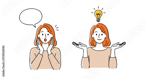 Woman's surprised expression transforms into an "aha" moment, showcasing a sudden idea.