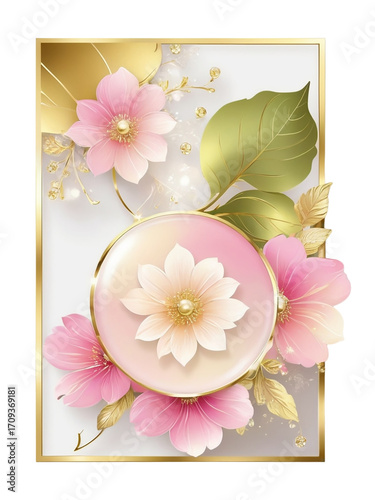 Soft Pink and Gold Floral Frame with Translucent Orb and Delicate Flowers image photo