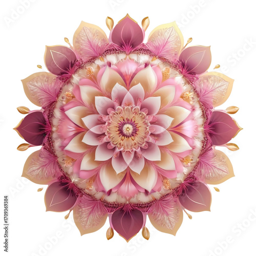 Soft Pink and Gold Mandala with Layered Petals on White Background floral intricate