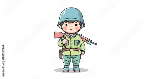 Cute Cartoon Soldier Boy with Rifle Illustration.