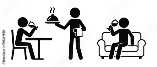 set of restaurant icons, people drinking wine, waiter and visitor, stick figures stickman isolated silhouettes