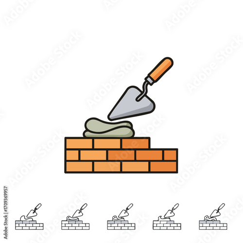 An illustrative vector icon depicts a construction trowel meticulously applying fresh mortar onto a stack of red bricks, symbolizing masonry work and building.