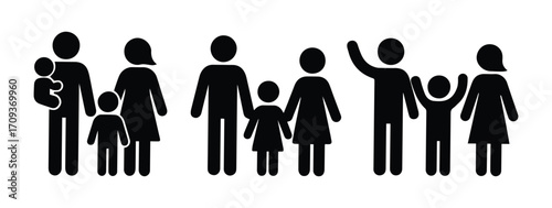 set of icons family, parents and children, man and child, stick figures stickman isolated silhouettes