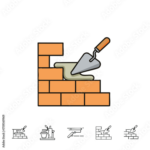 A vibrant illustration showcasing a bricklayer's trowel applying mortar onto a partially constructed wall, representing building, craftsmanship, and ongoing development.