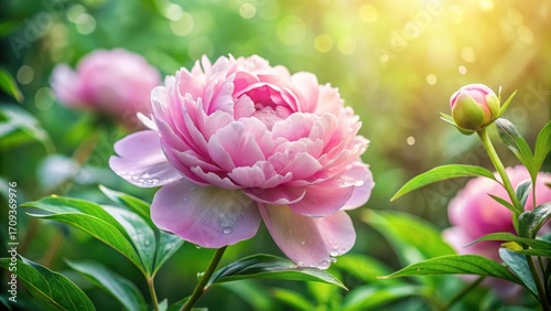 A Delicate Pink Peony in a Lush Garden, Bathed in Sunlight and Morning Dew