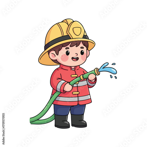 Cute Cartoon Firefighter Child with Hose.