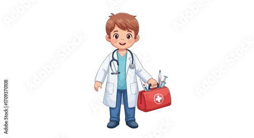 Friendly little boy playing doctor with a first aid kit.