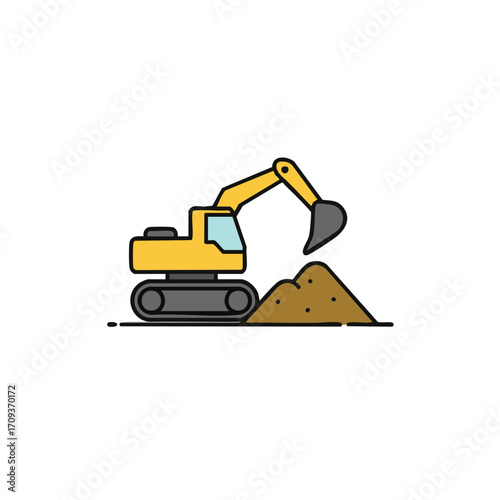 A stylized yellow excavator with its bucket poised over a pile of earth, illustrating heavy construction, land development, and industrial work.