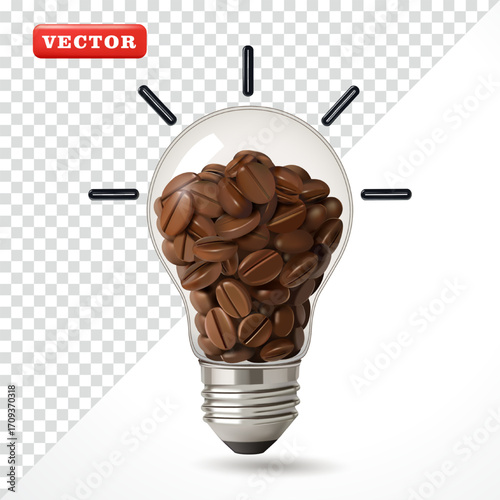 A light bulb filled with coffee beans. 3D vector, perfect for ideas and advertising