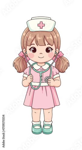 Cute Cartoon Nurse Girl with Stethoscope.