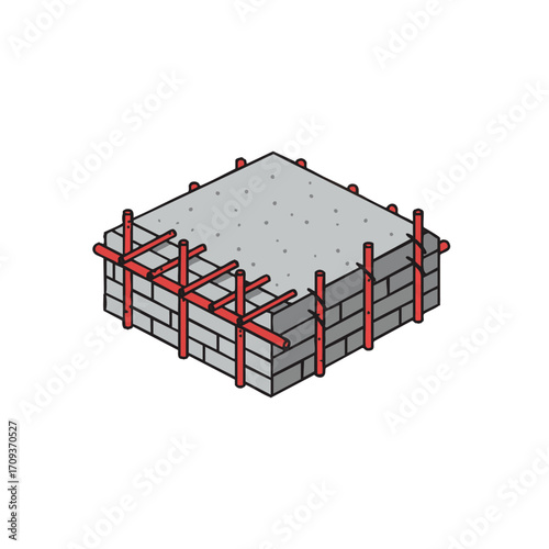 Detailed isometric illustration showcasing the crucial process of pouring a concrete slab onto a sturdy brick foundation, supported by red reinforcement bars.