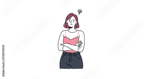 Frustrated woman with arms crossed looking confused with swirling thoughts above her head