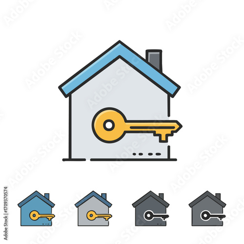 A modern vector illustration of a house with a key, representing home ownership, real estate, property access, security, and residential solutions.