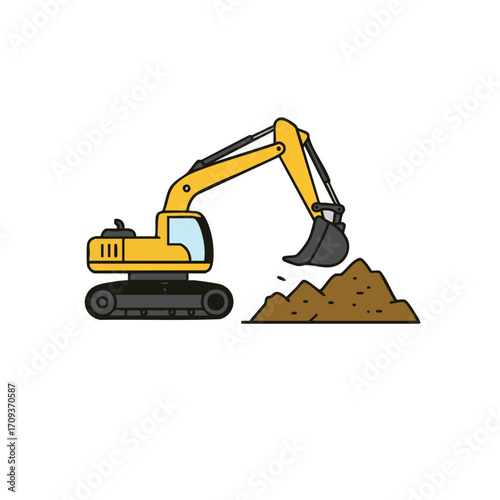A vibrant yellow cartoon excavator is diligently digging a pile of brown earth on a clean white background, symbolizing construction and industrial work.