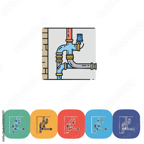 A clear and colorful vector illustration showcasing a modern plumbing system with interconnected pipes and valves embedded within a building wall structure.