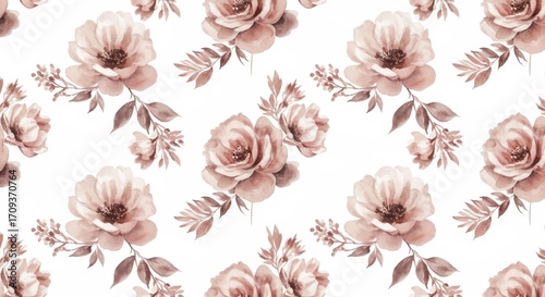 Watercolor floral pattern with blush pink flowers on white.