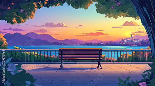 An illustration of a bench with a view of a lake in the evening