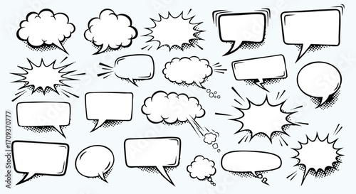 Collection of hand-drawn comic book speech bubbles and thought bubbles, various shapes and styles.